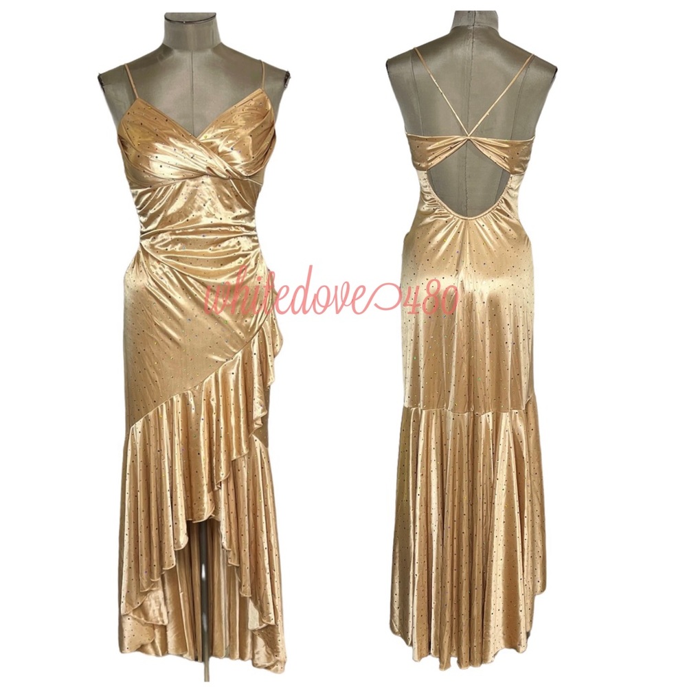 Y2k City Triangles Gold Ruffle Hem Open Strappy Back Prom Party Dress Medium